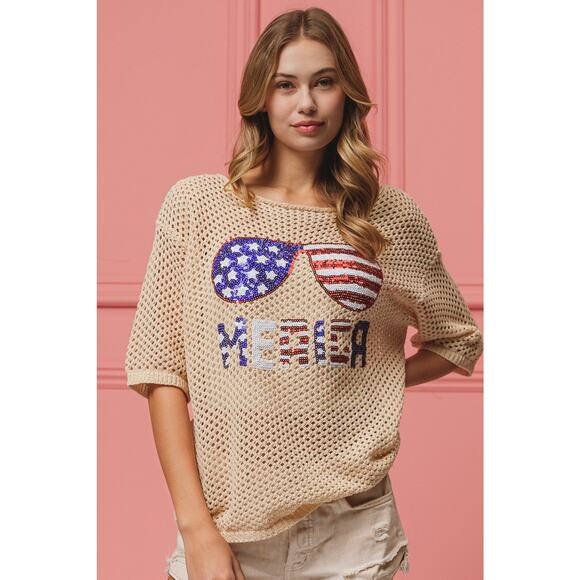 BiBi Sequin American Flag Sunglasses Pattern Open Knit Cover Up Top | Oatmeal - Picture 11 of 11